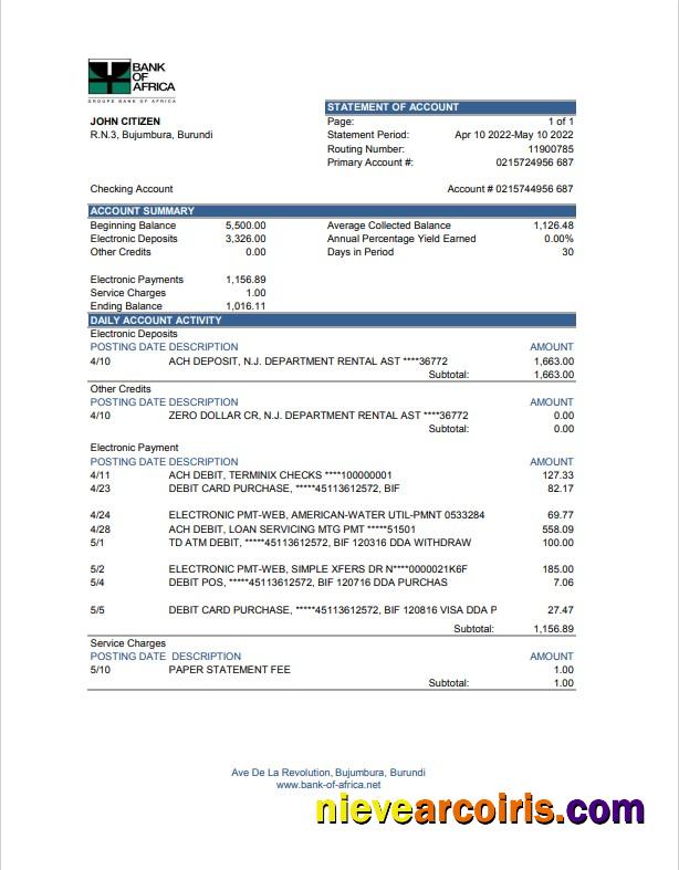 Burundi Bank of Africa bank statement Excel and PDF (AutoSum)